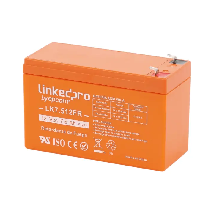 Bateria LinkedPro LK7.512FR, 12V, 7.5Ah, AGM, Certificada UL94-V0, Retardante a la Flama, Terminales F1, Adaptador F2