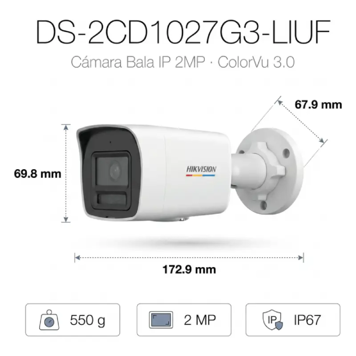 Camara IP Hikvision DS-2CD1027G3-LIUF, 2 MP,Lente 2.8mm, Microfono, Detección de Movimiento, Exterior, PoE, Micro SD